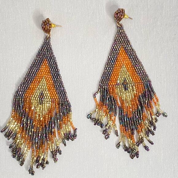 Tribal Oversized Seed Beaded Earrings Posts Chevron Color Black Pattern Fringe - Picture 4 of 9